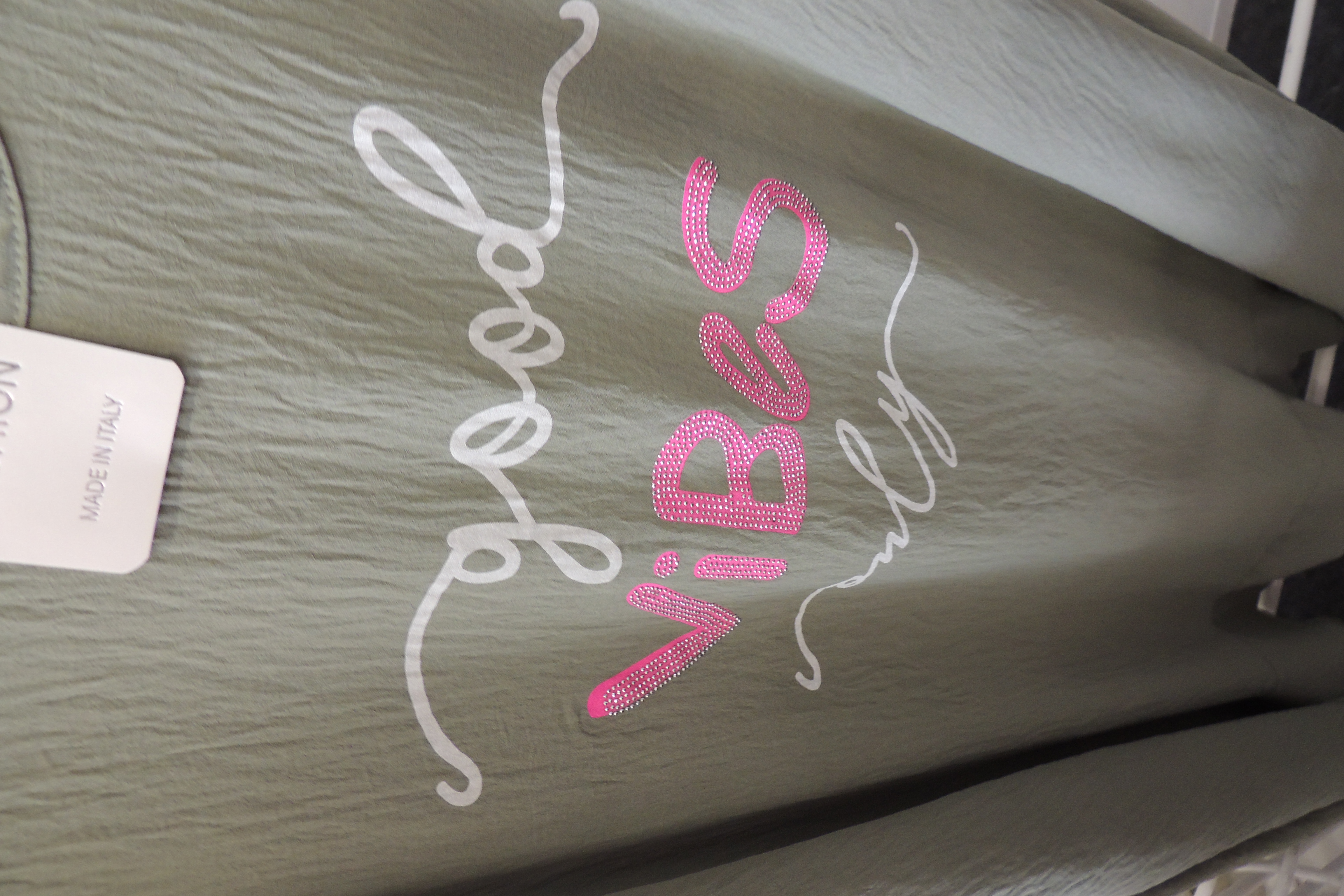 Kleid Sommerkleid Hängerchen Shirt Spruch Good vibes on Made Italy46,48,50