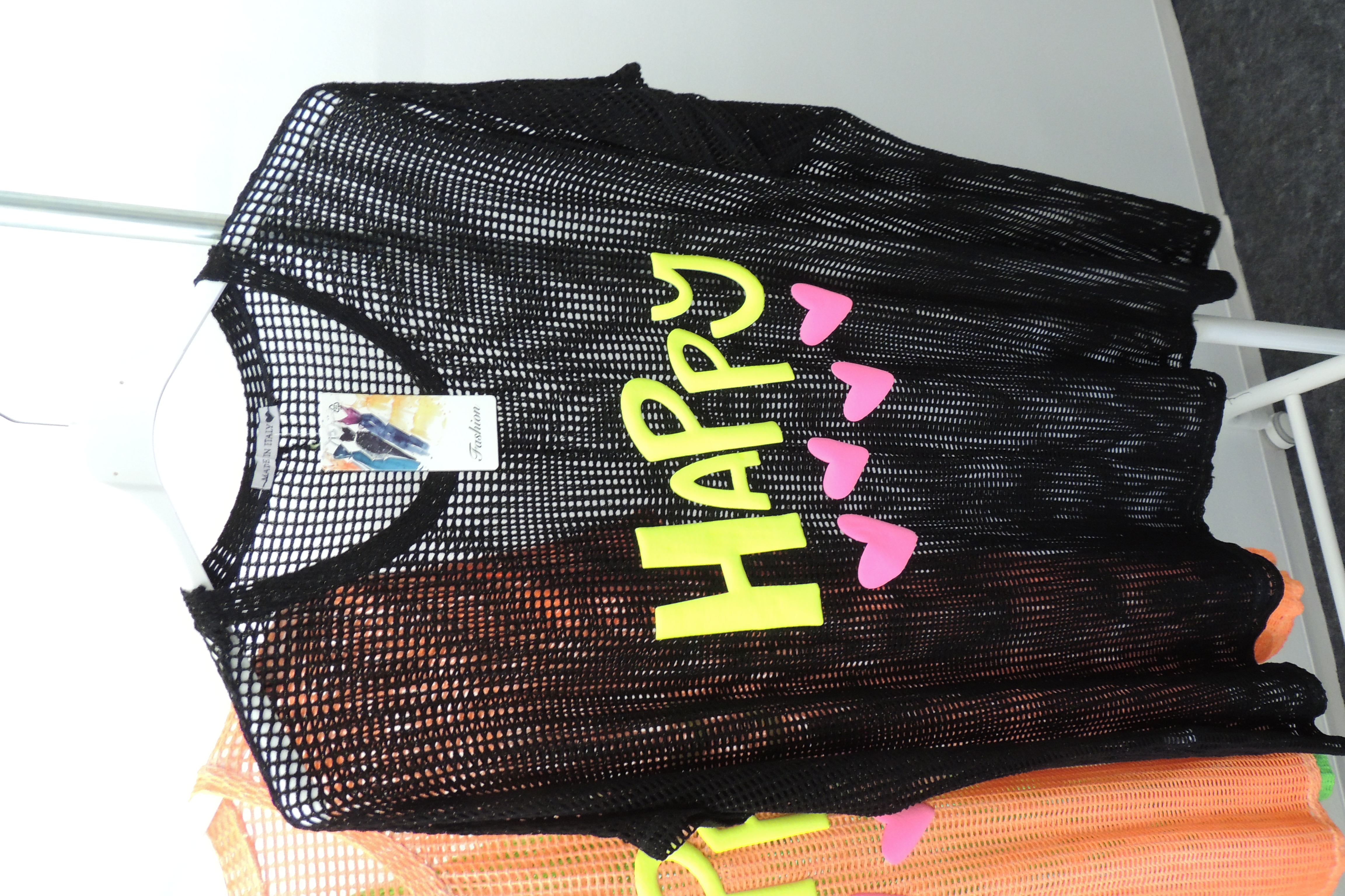 Überwurf Hänger Shirt Netz cut out Lochi Happy Spruch Made Italy 44,46,48